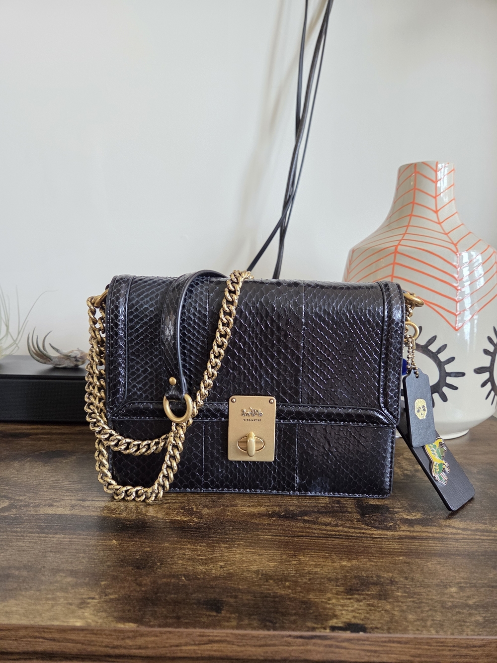 Coach Black Snakeskin Leather Shoulder Bag with Gold Chain